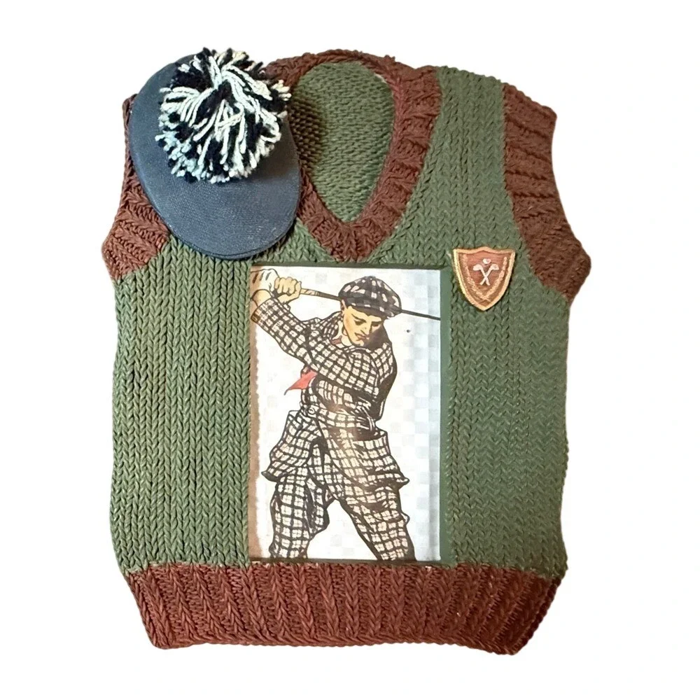 Hand Painted Golf Sweater Vest Picture Frame Green Brown Vintage Style Gift
